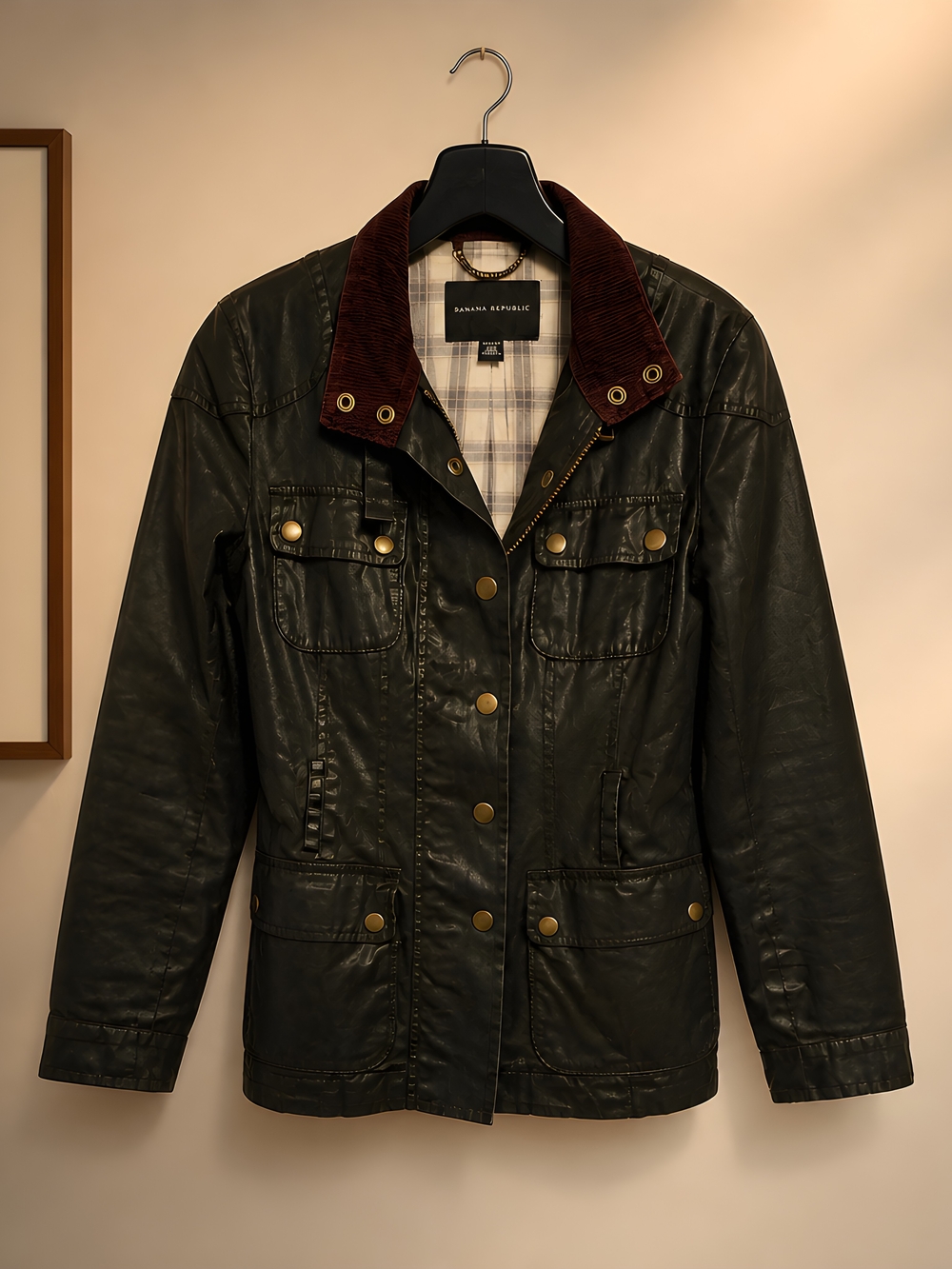 Banana Republic Black Utility Jacket with Burgundy Corduroy Collar
